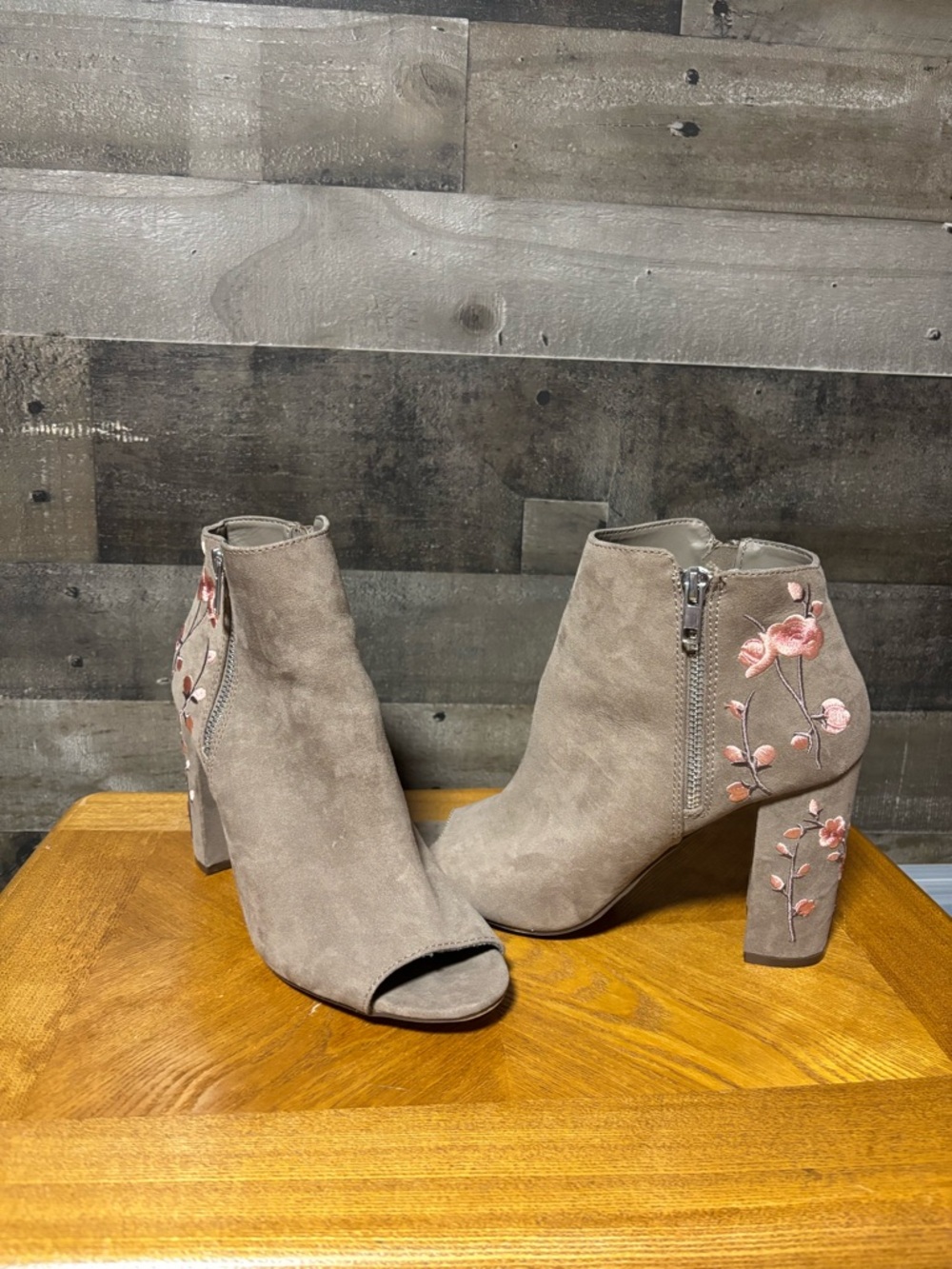 Candie's Taupe Suede Peep-Toe Embroidered Ankle Booties